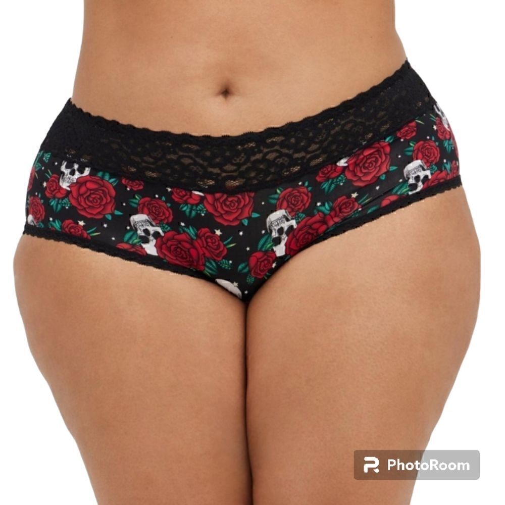 6X 30W Torrid Black Red Roses Skull  Second Skin Cheeky Panty Lace Trim Tattoo m